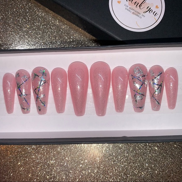 Bandage Inspired XL Sculpted Coffin Pink Holographic Shimmer Custom Press Ons - Picture 5 of 5
